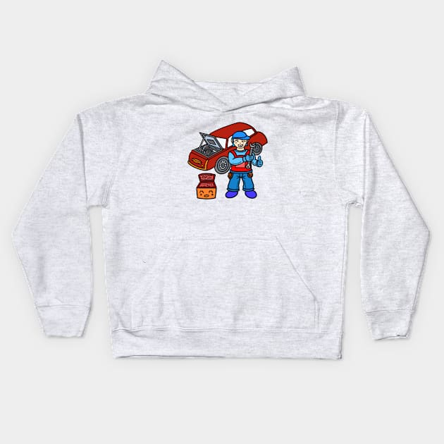 Chibi car mechanic Kids Hoodie by Andrew Hau